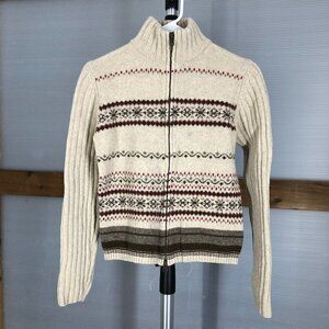 EDDIE BAUER Vintage Lambswool Cream Brown Red Fair Isle Zipper Knit Cardigan SzS